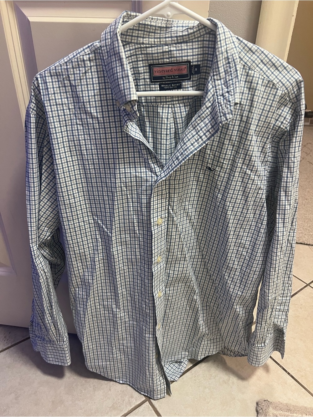 Vineyard Vines Men’s White and Blue Windowpane Button-Down Whale Shirt